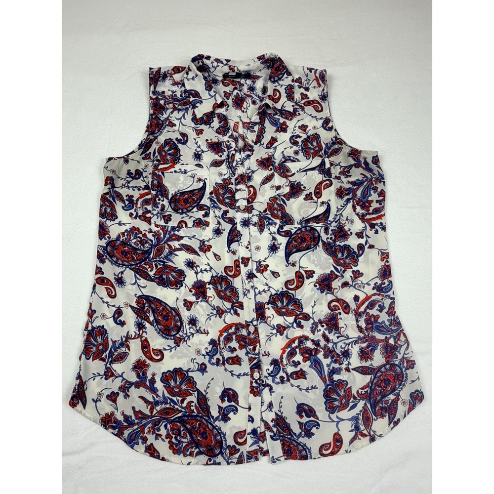 Relativity Womens Large Sleeveless Paisley Floral Button Down Blouse Red Blue